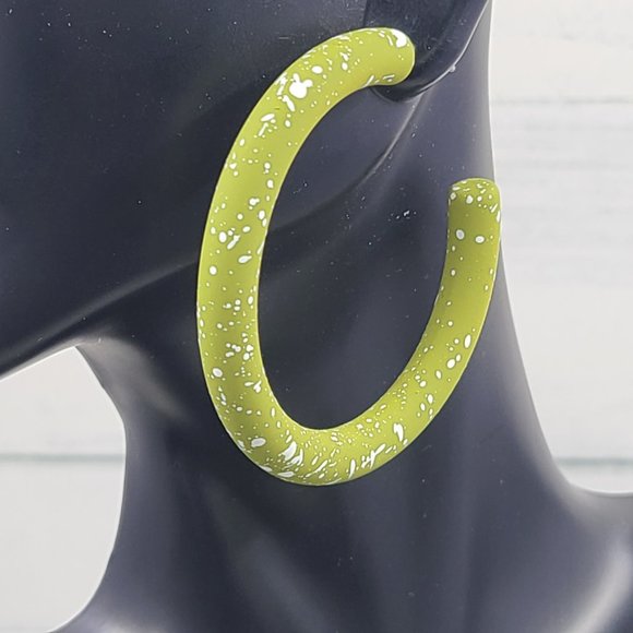 2" White Splatter Paint Olive Green Matte Hoop Earrings - Picture 10 of 11